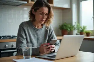 Femme sceptique vérifiant des informations de santé sur son smartphone à la cuisine, illustrant la propagation des fake news médicales