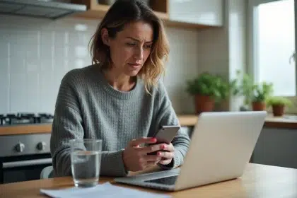 Femme sceptique vérifiant des informations de santé sur son smartphone à la cuisine, illustrant la propagation des fake news médicales