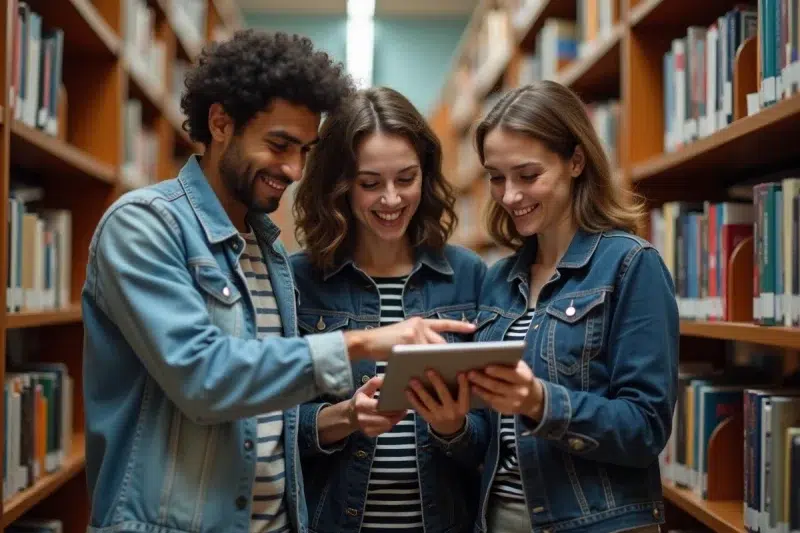 Groupe de personnes dans une bibliothèque discutant d'informations médicales douteuses sur une tablette numérique