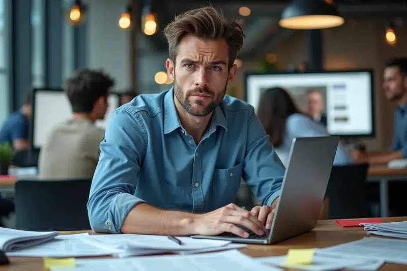 Journaliste masculin dans une salle de rédaction analysant des articles pour démêler les fausses informations sur la santé