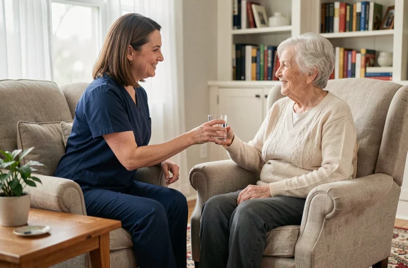 Aide-soignante proposant un verre d'eau à une personne âgée à domicile, illustrant l'accompagnement à l'hydratation des seniors dépendants