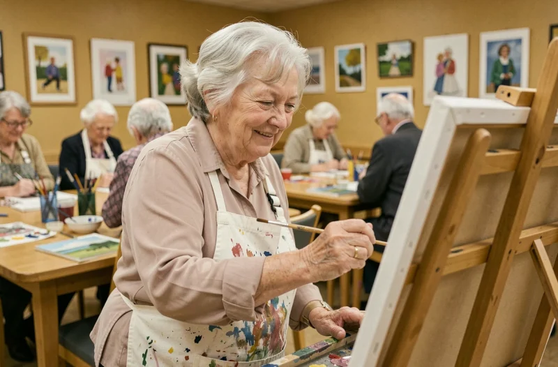 Une femme âgée souriante participant à un atelier de peinture collectif, illustrant les activités sociales contre l'isolement des aînés