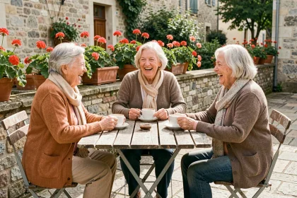 Trois femmes âgées souriantes partageant un café en terrasse, illustrant le lien social et le bien-être des aînés