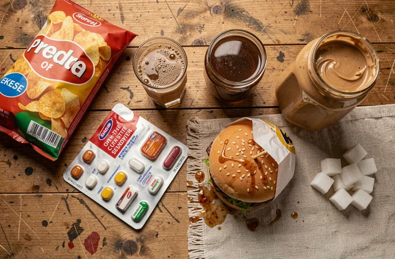 Aliments et substances nocifs pour le foie disposés sur une table de cuisine, illustration des mauvaises habitudes alimentaires