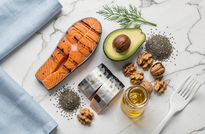 Vue aérienne d'aliments riches en oméga-3 disposés sur marbre blanc incluant saumon, noix, graines de chia et capsules d'huile de poisson pour illustrer la nutrition pendant la grossesse