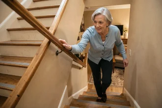 Femme âgée tenant une main courante solide dans un escalier intérieur aménagé avec des bandes antidérapantes pour prévenir les chutes
