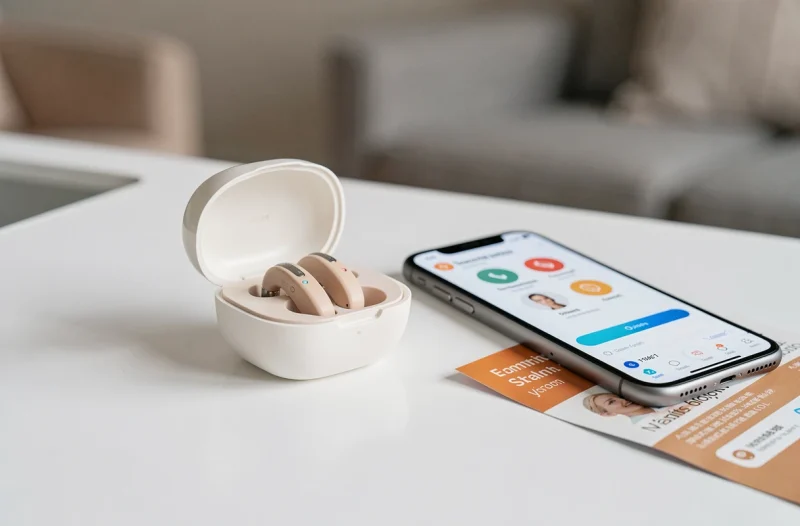 Appareil auditif rechargeable Audika dans son boîtier de charge avec brochure promotionnelle et prix