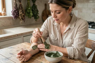 Femme appliquant un emplâtre d'argile verte froide sur son avant-bras à la maison pour soulager une inflammation