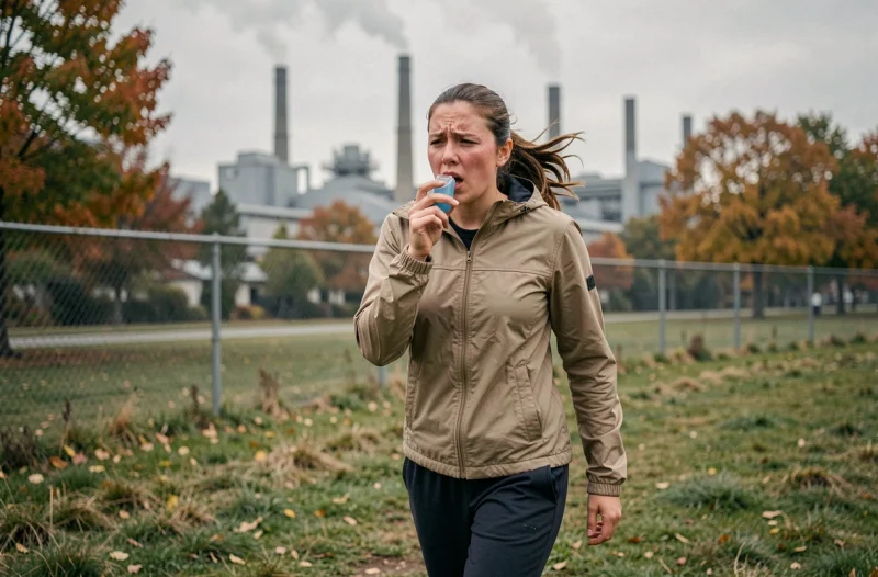 Jeune femme utilisant un inhalateur lors d'une course à pied dans un parc proche d'une zone industrielle polluée