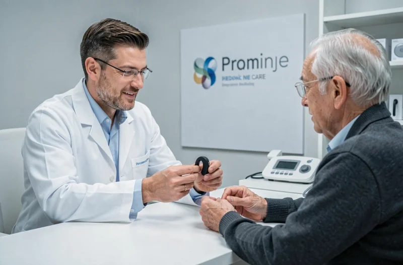 Audiologiste présentant un appareil auditif rechargeable à un patient dans une clinique Audika