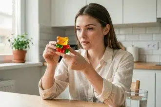 Jeune femme examinant un complément alimentaire en forme d'ourson gommeux dans une cuisine moderne et épurée