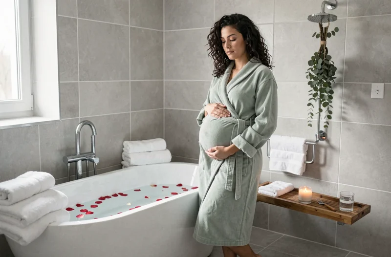 Femme enceinte se préparant à prendre un bain relaxant aux pétales de rose pour soulager le stress et l'anxiété pendant la grossesse