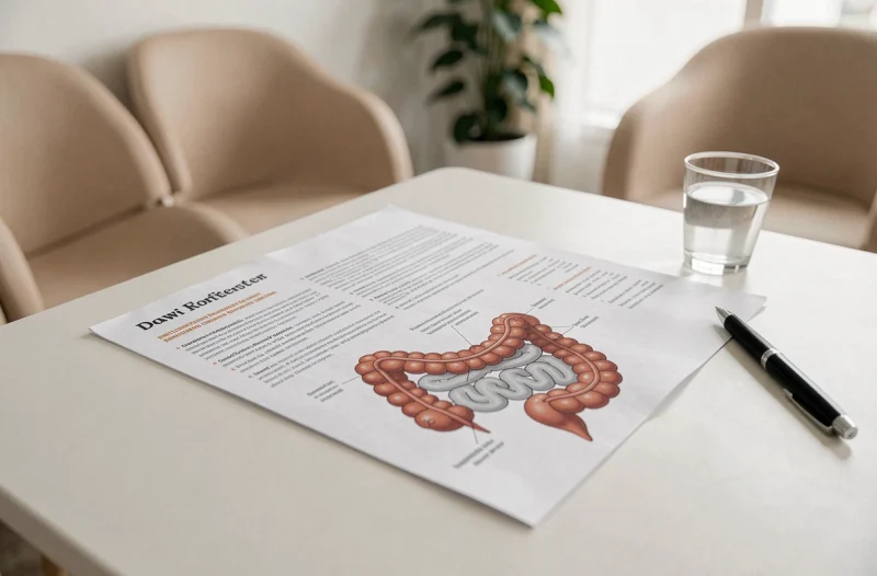 Brochure médicale et schéma anatomique du côlon posés sur un bureau de salle d'attente clinique
