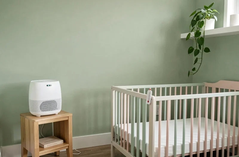 Chambre de bébé moderne avec purificateur d'air blanc, hygromètre et plante verte pour une qualité d'air optimale