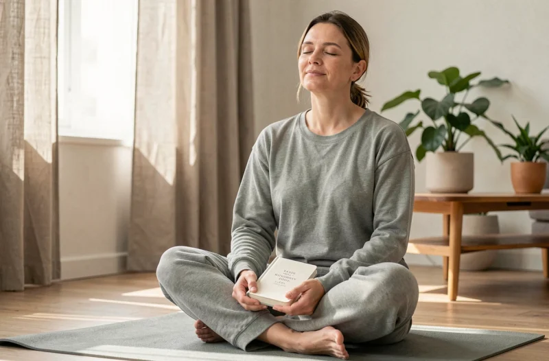 Femme pratiquant la pleine conscience sur un tapis de yoga à domicile, illustrant l'importance du coaching mental dans la méthode Reborn 21