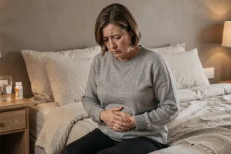 Femme d'âge mûr souffrant de douleurs abdominales liées à une complication après une infection urinaire, assise sur son lit à domicile