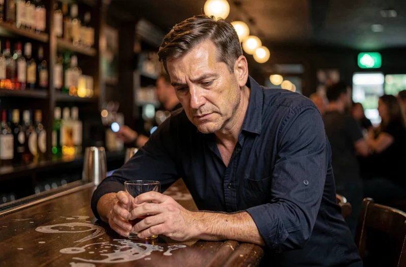 Homme consommant de l'alcool au bar, habitude nocive aggravant les problèmes de foie