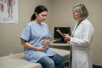 Femme consultant un médecin pour des douleurs abdominales liées à la maladie de Crohn