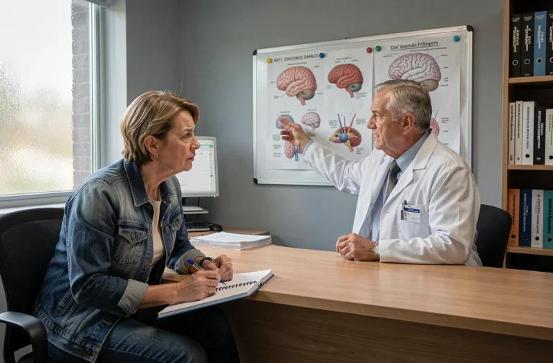 Une femme aidante en consultation avec un neurologue pour comprendre l'anosognosie de son proche, dans un cabinet médical réaliste