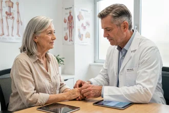 Consultation médicale pour le traitement de l'arthrose, une patiente et un rhumatologue en cabinet moderne