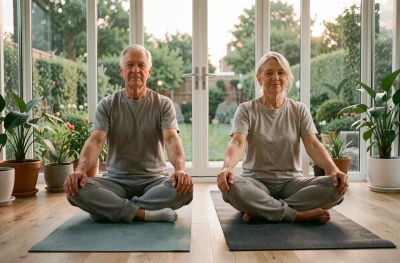 Couple de seniors faisant des étirements doux ensemble dans un solarium pour établir une routine relaxante avant le coucher