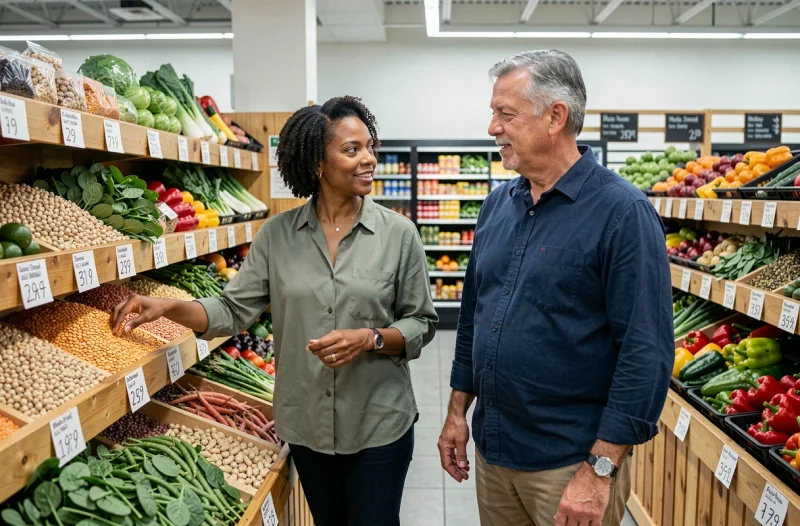 Couple de quinquagénaires choisissant des légumineuses et légumes frais au marché pour une alimentation équilibrée préventive
