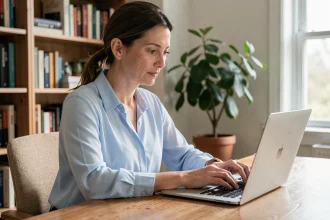 Femme déclarant un changement de situation sur son espace PRO BTP mutuelle Mon compte depuis un bureau à domicile