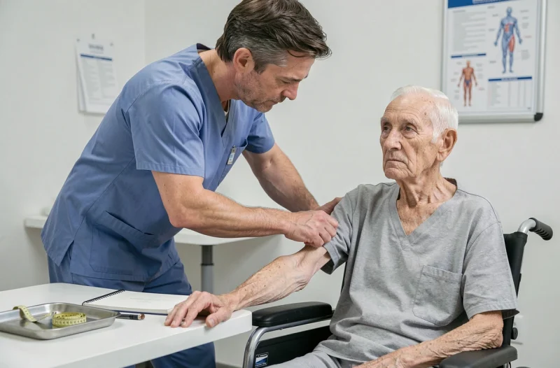 Soignant mesurant la circonférence du bras d'un patient âgé amaigri lors d'un dépistage de la dénutrition en consultation médicale
