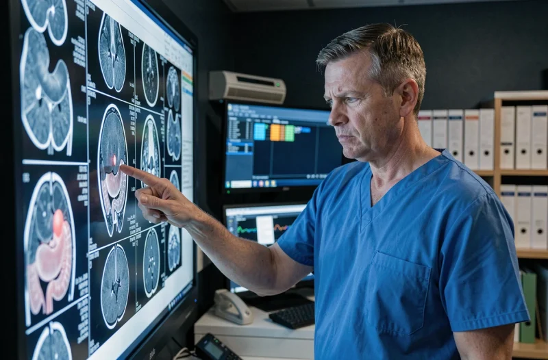 Gastro-entérologue analysant des examens d'imagerie pour diagnostiquer la maladie de Crohn