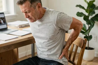 Homme d'âge moyen assis sur une chaise de bureau tenant son bas du dos côté gauche avec une expression de douleur