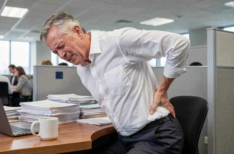 Homme en bureau souffrant d'une douleur dans le bas du dos droit en position assise au travail