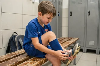 Jeune garçon tenant son talon gauche douloureux dans un vestiaire de sport, expression de gêne naturelle