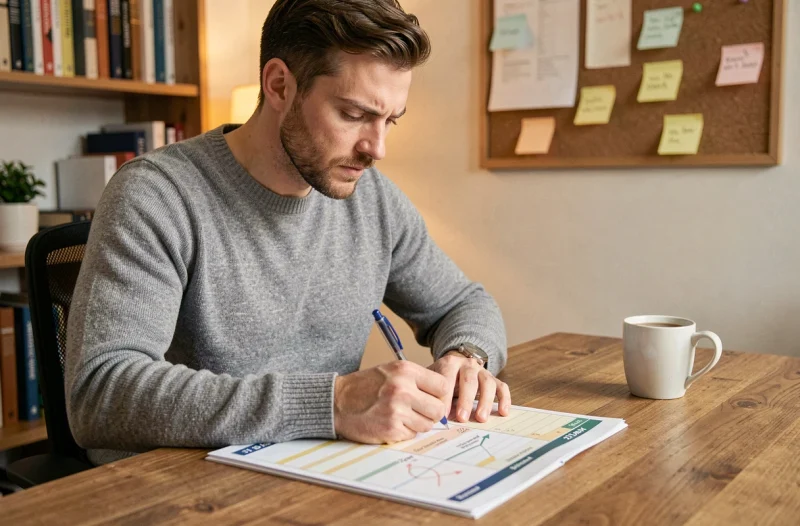 Homme marquant ses progrès sur un planning de 21 jours, illustrant l'importance de l'engagement sur la durée du programme Reborn 21