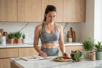 Femme consultant un journal de bien-être devant un repas équilibré dans une cuisine moderne, illustrant le thème des erreurs minceur avec le programme Reborn 21