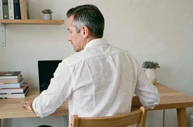 Homme effectuant un étirement de torsion dorsale assis sur une chaise en bois dans un bureau à domicile