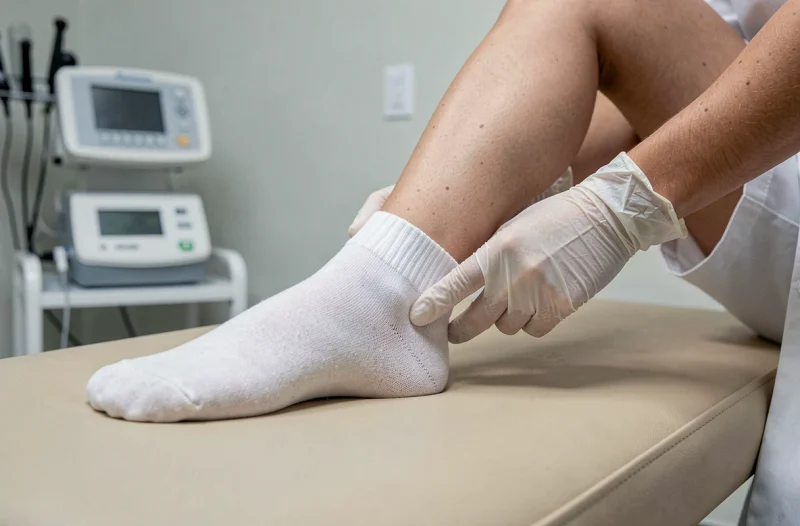 Gros plan sur le talon gauche d'un adolescent examiné par un physiothérapeute en cabinet médical