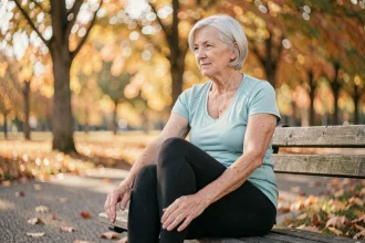 Femme retraitée faisant des exercices doux pour les genoux sur un banc de parc en automne pour protéger ses articulations