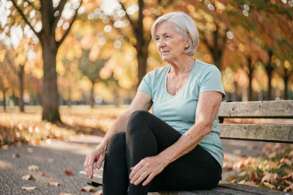 Femme retraitée faisant des exercices doux pour les genoux sur un banc de parc en automne pour protéger ses articulations