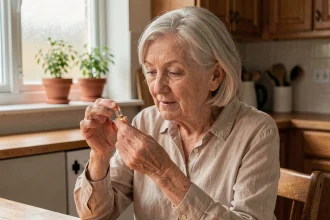 Femme âgée tenant une capsule de vitamine D à la cuisine, illustrant la supplémentation en vitamine D chez les seniors