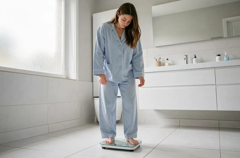 Femme en pyjama se pesant le matin sur une balance numérique, illustrant la relation entre qualité du sommeil et gestion du poids corporel