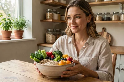 Femme tenant un bol de légumes et aliments riches en fibres alimentaires pour favoriser la satiété