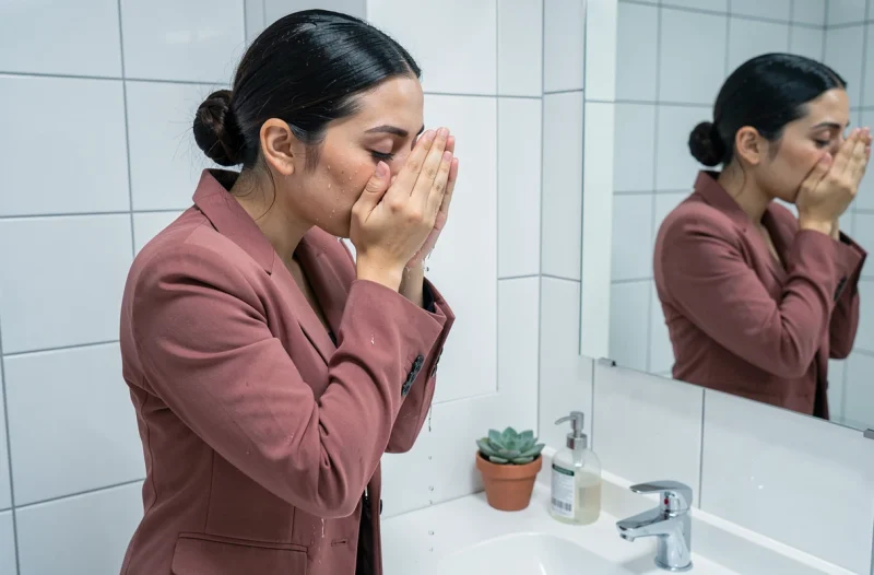 Jeune femme se rafraîchissant les yeux avec de l'eau dans les toilettes du bureau pour soulager la fatigue oculaire