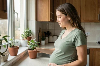 Femme enceinte ouvrant une fenêtre dans une cuisine moderne pour aérer et prévenir la pollution intérieure