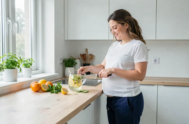Femme enceinte préparant une eau infusée au citron et concombre pour rester hydratée pendant la grossesse