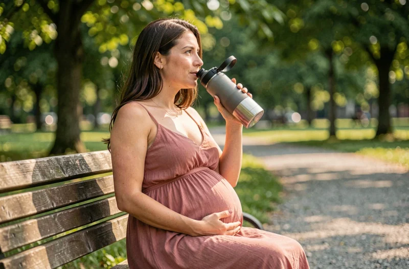 Femme enceinte assise dans un parc en train de boire à une gourde, soulignant l'importance de s'hydrater au quotidien durant la grossesse