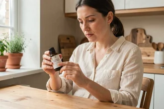 Femme enceinte lisant attentivement l'étiquette d'un flacon d'huile essentielle dans une cuisine naturelle