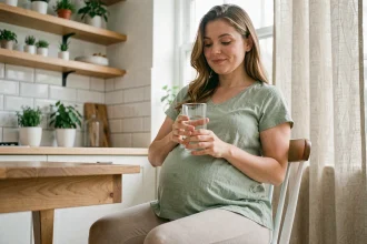 Femme enceinte tenant un verre d'eau dans une cuisine lumineuse, illustrant l'hydratation quotidienne pendant la grossesse