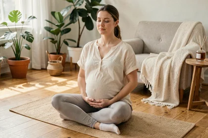 Femme enceinte pratiquant la méditation en position assise sur un tapis de yoga dans un salon chaleureux pour réduire le stress prénatal