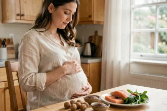 Femme enceinte assise à une table en bois avec des aliments riches en oméga-3 comme le saumon, les noix et les graines de lin pour soutenir le développement du bébé