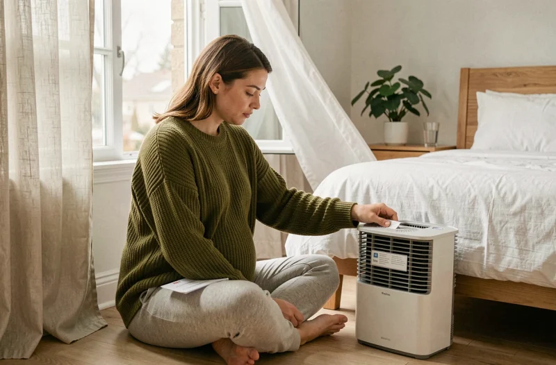 Femme enceinte installant un filtre de purificateur d'air dans sa chambre pour se protéger des allergènes pendant la grossesse
